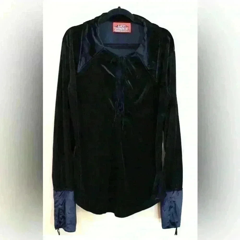 Y2K VTG Lip Service Women Tunic Top Small Lace Up Crushed Velvet Bell Sleeve XL